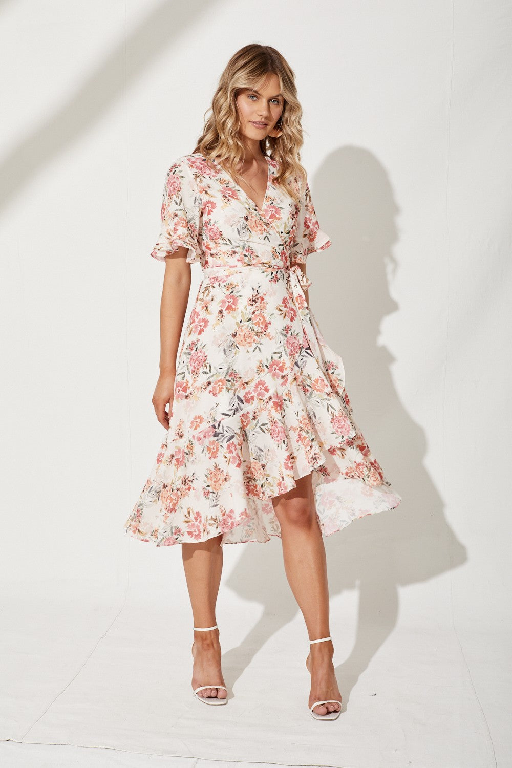 St Frock Felicidad Midi Wrap Dress in Cream with Coral Floral