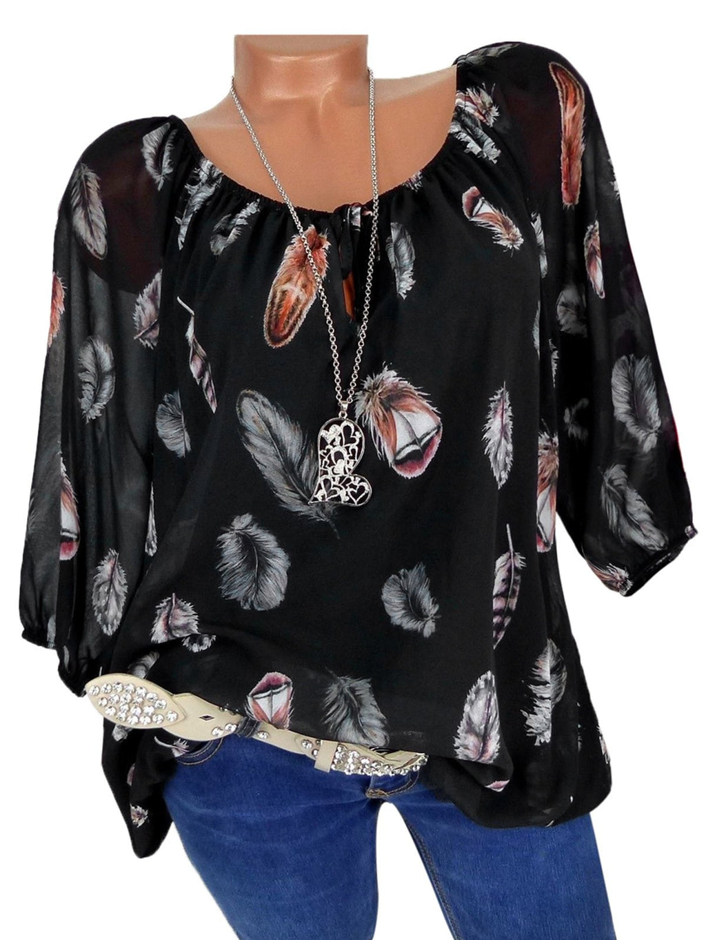 Plus Size Feather Print Tied Blouse