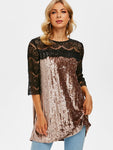 Dresslily - Crushed Velvet Lace Yoke Tunic Top