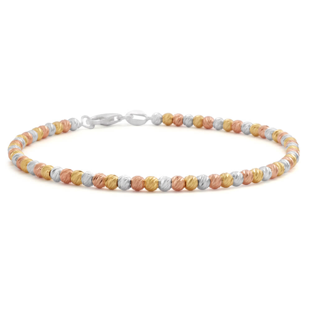 Bracelet - Sterling Silver Gold and Rose Gold Plated Three Tone 19cm Diamond Cut Ball Bracelet