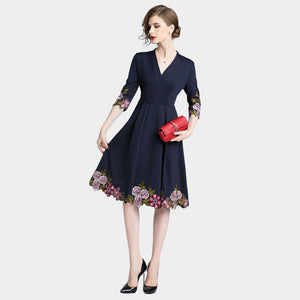 OCM - Tina Floral Touch Plunge V Neck Navy Dress (6903)