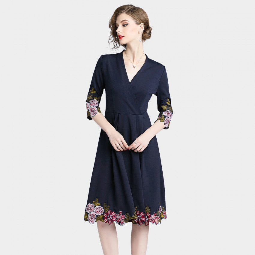 OCM - Tina Floral Touch Plunge V Neck Navy Dress (6903)